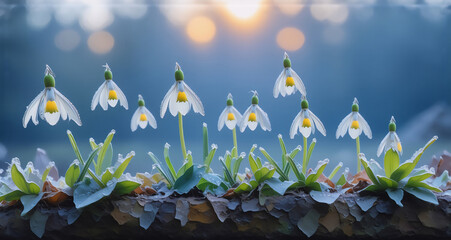 Fototapete - Delicate white flowers bloom against a soft sunset. Frosted leaves and stems showcase early spring, symbolizing new life. The blurred background highlights the blossoms.