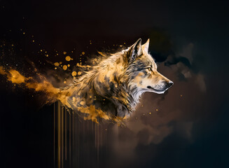 Aufkleber - A majestic wolf portrait, side profile view, rendered with digital painting style, featuring warm golden and brown hues against a dark background.