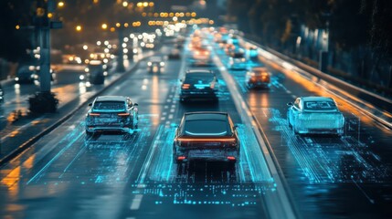 Poster - Futuristic Autonomous Vehicles Navigating a Digitally Enhanced City Highway at Night