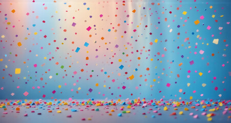 Poster - A vibrant scene of multicolored confetti falling. Rays of light cascade down with the confetti. The ground sparkles with confetti. A joyful image suggesting celebration.