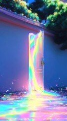 Poster - Rainbow Light Emanating from a Glowing Door Against Pale Blue Wall With Tiled Floor Under a Dark Sky Creates a Dreamlike Ethereal and Surreal Scene