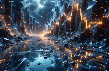Leinwandbilder - A digital landscape with geometric formations and shimmering lights, suggesting data streams. The path is reflective, with a dramatic celestial display. It hints at futuristic technology.