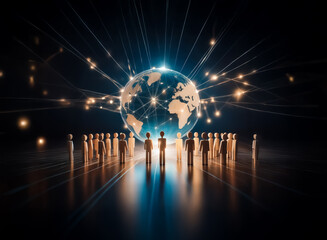 Poster - Image shows a global connection, a network of people. Beams of light connect humanity. The central globe glows, encircled by figures symbolizing unity, communication and collaboration. The dark backgr