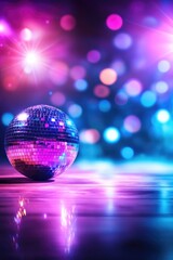 Poster - Reflective Disco Ball Under Pink and Blue Spotlight with Bokeh Effects on Glossy Floor Creating Party Atmosphere