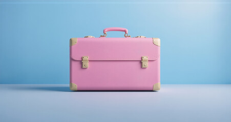 Poster - A pastel pink vintage-style suitcase sits on a light blue surface against a matching background.  Its gold-toned hardware adds a touch of elegance.