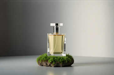 Poster - A perfume bottle with amber liquid sits on a bed of moss, creating a natural and sophisticated aesthetic against a neutral background. The image evokes a sense of calm and luxury.