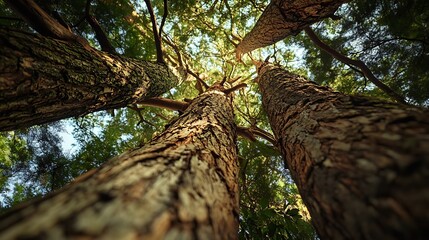 Looking Up at Tall Trees in Forest with Sunlight Filtering Through Canopy