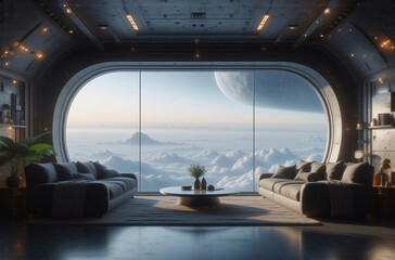 Aufkleber - A futuristic living room boasts a massive oval window showcasing a breathtaking alien planet landscape viewed from above the clouds.  The room features sleek, dark furniture and a minimalist design, c