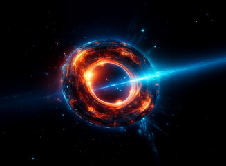 Poster - A cosmic orb surrounded by energetic fire and light, a celestial phenomenon bursting with color and light. A blue beam pierces through the core.  Cosmic hints of the unknown.