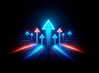 Poster - This image showcases futuristic upward arrows with vibrant, neon-like colors on a dark background, indicating progress and growth with a sense of speed. The glowing illustration creates a dynamic and 