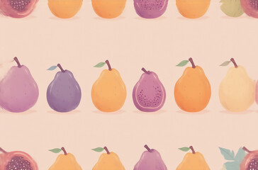 Poster - A delightful pattern of vibrant pears and passion fruits, arranged in rows on a soft pink background.  This could be a charming avatar or profile picture.