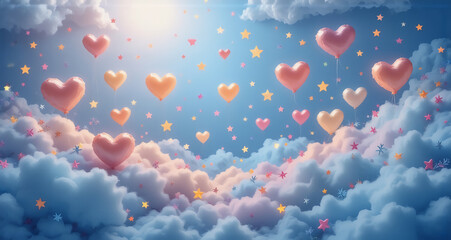 Fototapete - Here is the description and keywords:

A whimsical scene presents pastel-colored clouds and floating heart-shaped balloons, with stars scattered across a gradient blue sky. It emanates a feeling of ro