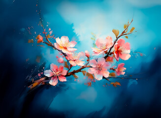 Poster - Hint: The image shows a vibrant floral illustration with delicate pink blossoms on branches, set against a backdrop of deep blues, evoking a sense of tranquility and natural beauty.

Vibrant floral il