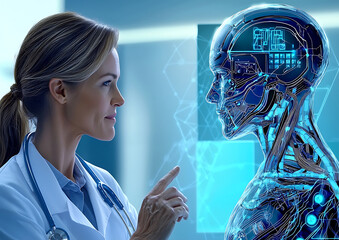Poster - Exploring human-robot interaction in healthcare laboratory setting digital art futuristic environment close-up view innovation