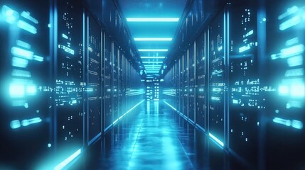 Poster - Futuristic server hallway with glowing blue lights and digital reflections, creating a sci-fi atmosphere. Ideal for cybersecurity, cloud infrastructure, and AI-powered tech visuals