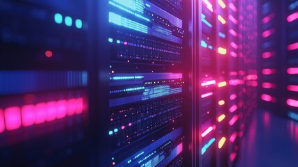Aufkleber - Close-up view of glowing pink and blue neon-lit servers in a futuristic data center. Ideal for cybersecurity, AI, digital cloud systems, and modern tech infrastructure visuals