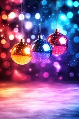Poster - Three Shimmering Christmas Ornaments Suspended Against Vibrant Bokeh Lights with Red Purple and Gold Decorations for Festive Holiday Celebrations