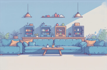 Poster - Serene living room scene, perfect avatar background. Teal sofa, coffee table, potted plants, and mini safes add a touch of mystery and comfort. Sunlight streams in.