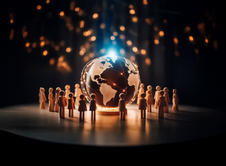 Poster - A globe shines with light, surrounded by tiny figures. It represents global connection and community, illuminated by a central bright source and particle effects. The scene is dark, emphasizing the ce