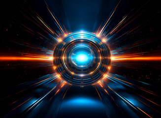 Fototapete - Abstract, glowing circular structure with intense light bursts and radiating energy.  Blue and orange colors create a vibrant, futuristic effect, resembling a portal or energy source.