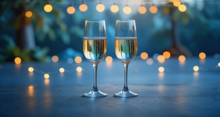 Poster - Two flutes of bubbly champagne sparkle under soft, warm lights, hinting at celebration and a romantic setting. A dreamy ambiance fills the air.