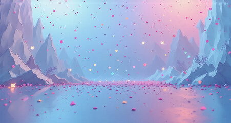 Aufkleber - A serene scene with pastel hues. Jagged ice structures frame a calm body of water, while tiny particles gently fall, reflecting on the surface, creating a magical and ethereal atmosphere.