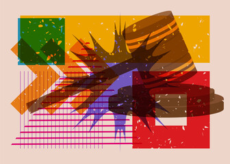Poster - Risograph Gavel with geometric shapes. Objects in trendy riso graph print texture style design with geometry elements.