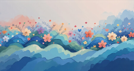 Fototapete - Here's the description and keywords:

**Description:** A whimsical, dreamy illustration.  Vibrant wildflowers dance across rolling hills of blue. Soft colors blend, creating a sense of calm, while a g