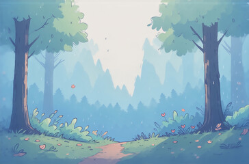Aufkleber - Serene forest path leading into a misty mountain range.  Soft, pastel colors create a dreamy, avatar-like atmosphere. Perfect for game backgrounds or profile pictures.