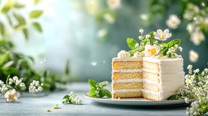 Poster - Delicate layered cake adorned with fresh flowers and lush greenery in a natural serene setting