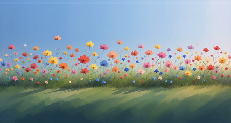 Poster - Hints: image containing a cheerful scene of colorful flowers.

A joyful display of vibrant, colorful flowers against a bright blue sky. Green grass creates the foreground with hints of shadows. The sc