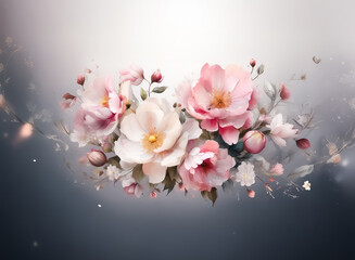 Poster - A delicate floral arrangement featuring pink and white blossoms, soft petals and buds, against a dreamy, blurred background.