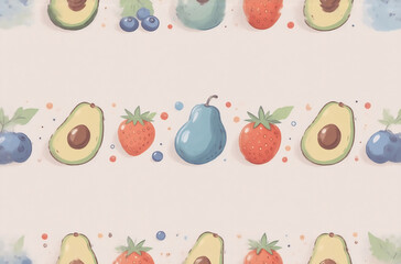Poster - A charming fruit avatar features repeating rows of halved avocados, blueberries, strawberries, and pears on a pale background.  The simple, colorful design is perfect for a cute, healthy profile pictu