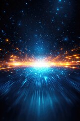 Poster - Vibrant Blue and Orange Light Particles in Cosmic Digital Render Creating Depth and Motion towards a Bright Light Source on a Dark Background