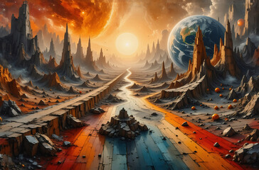 Poster - A surreal vista of a celestial landscape with a pathway leading towards a bright sun, flanked by towering spires. Other planets visible. Hints of color.