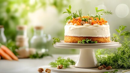 Poster - Freshly baked carrot cake with a smooth cream cheese frosting garnished with fresh herbs and carrot slices presented on a white cake stand against a blurred natural green background