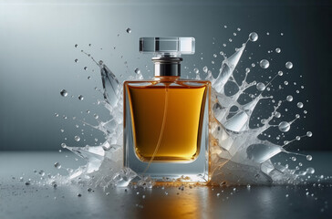 Aufkleber - A perfume bottle, amber liquid inside, sits amidst a dynamic splash of liquid, creating a vibrant and luxurious image.  The scene is set against a sleek, dark gray background.