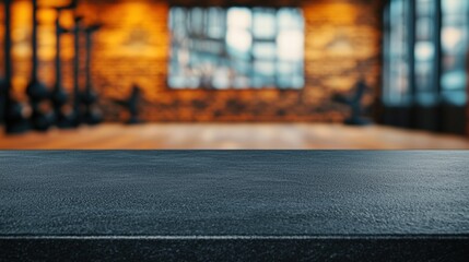 Aufkleber - Empty black table presenting fitness products in blurred gym background