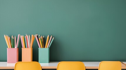 Poster - Colorful pencils in holders on desk in empty classroom with chalkboard