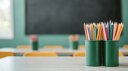 Poster - Colorful pencils resting on desk in a bright empty classroom