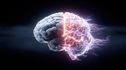 Poster - 3D Digital Brain with White and Orange Pixel Design and Glowing Neural Network on Black Background
