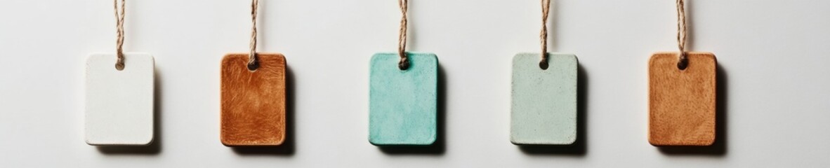 Poster - Minimalist E-Commerce Product Labeling Eco-Friendly Textured Hanging Tags in Neutral Palette - Modern Retail Branding Solutions for Digital Merchandising