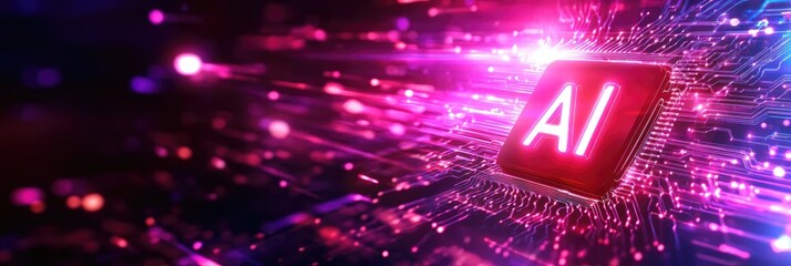Poster - Abstract digital display of artificial intelligence concept, glowing neon AI text on a circuit board background, vibrant colors, fast-paced animation