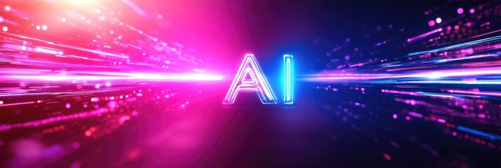 Poster - Abstract Ai Text with Radiating Blue and Pink Light Streaks and Blurred Digital Fragments on Dark Background Dynamic Technology Image