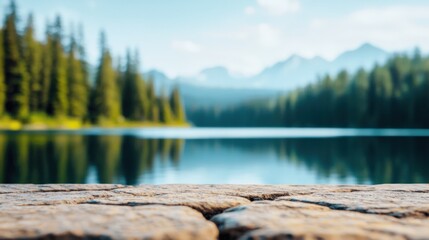 Aufkleber - Stone surface displaying serene lake and pine forest landscape
