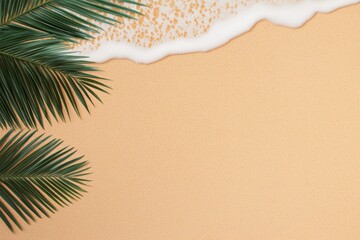 Aufkleber - Tropical beach scene with palm leaves and soft sand, creating tranquil vacation vibes