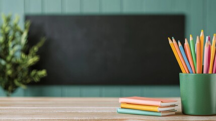 Poster - Colorful pencils and notebooks on desk in empty classroom with chalkboard