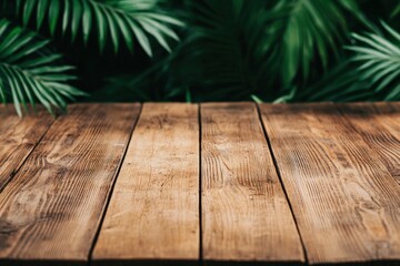 Poster - Rustic wooden table displaying tropical jungle backdrop for eco-tourism marketing
