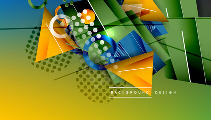 Poster - Abstract geometric composition. Vibrant colors blend, creating dynamic visual experience. Shapes overlap, forming modern design with gradients, lines, circles.