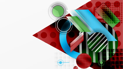 Leinwandbilder - Abstract geometric composition. Red, green, blue elements overlap. Circles, rectangles, stripes create dynamic visual effect. Modern design, clean aesthetic.